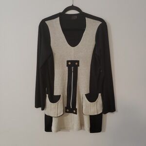 Retro Mod Artsy Tunic Top Large Lagenlook Colorblock Ribbed Pockets Stretchy